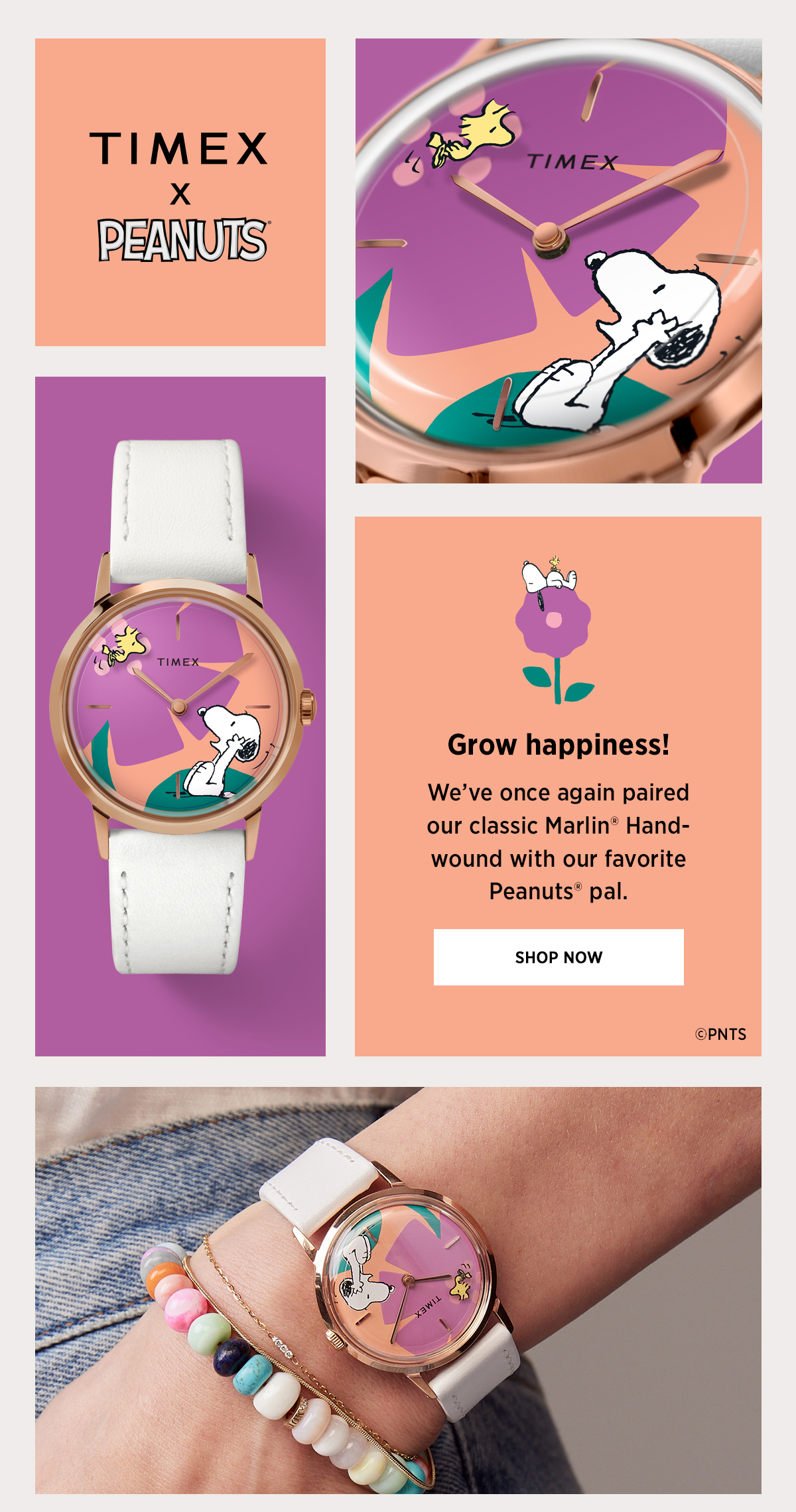 Timex x Peanuts | Grow happiness! | We've once again paired our classic Marlin® Hand-wound with our favorite Peanuts® pal. | Shop Now