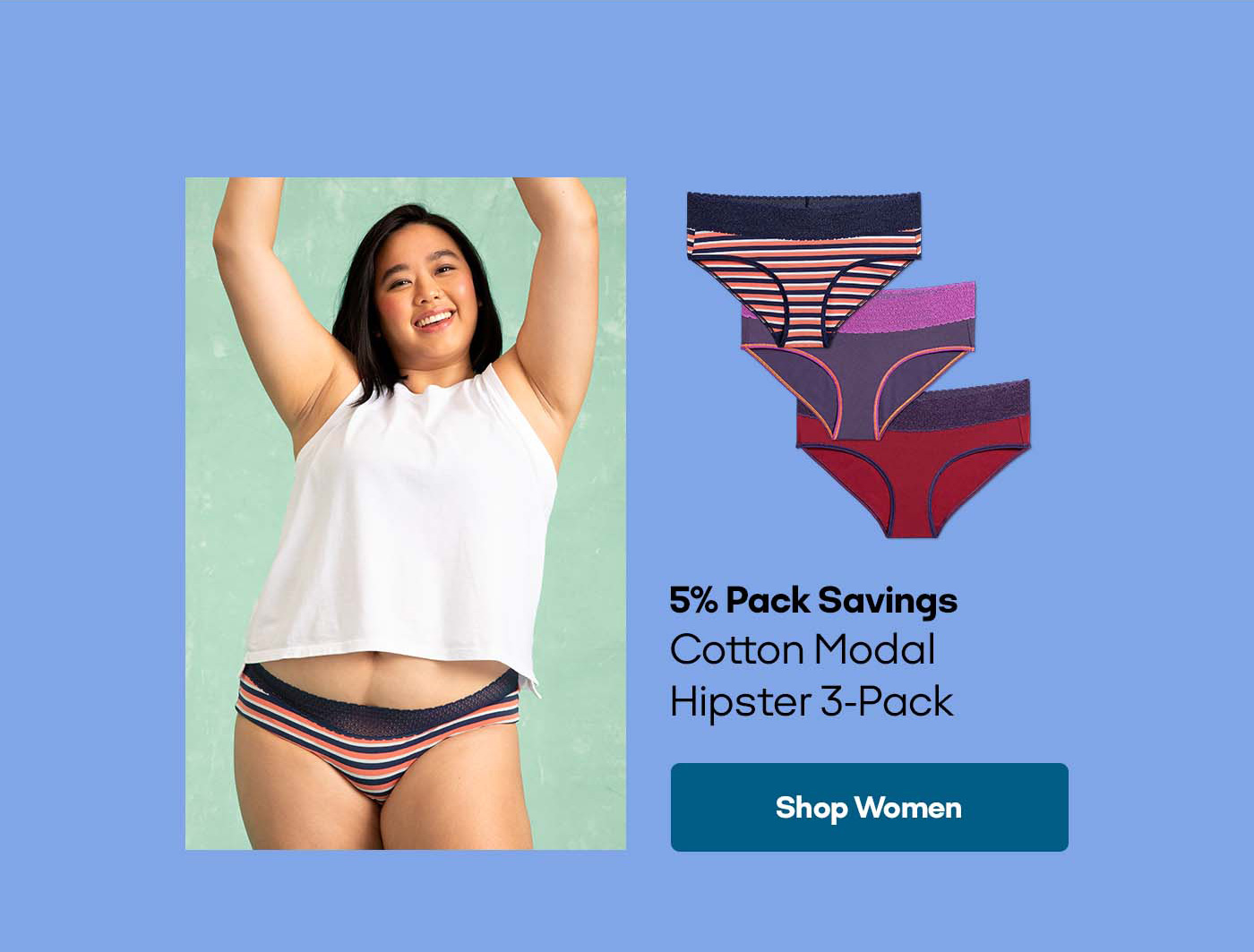 5% pack savings | cotton modal hipster 3-pack | shop women