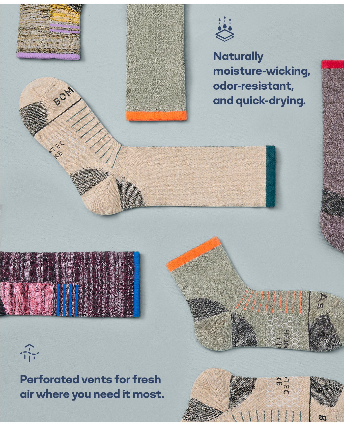 Naturally moisture-wicking, odor-resistant, and quick-drying. Perforated vents for fresh air where you need it most.