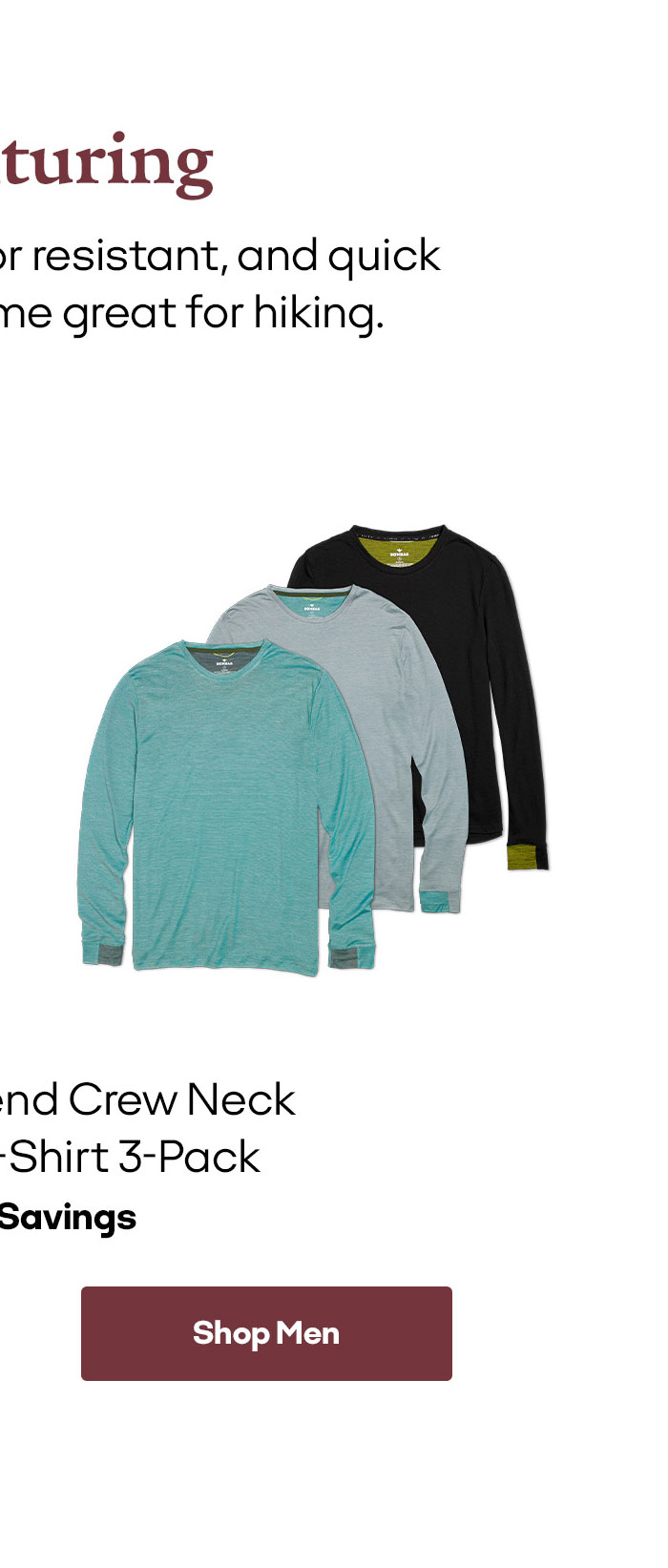 Men's Merino Wool Blend Crew Neck Long Sleeve T-Shirt 3-Pack