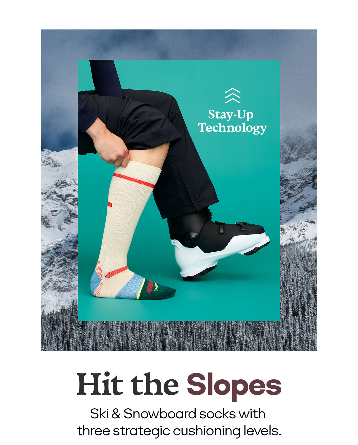 Stay-Up Technology Hit the Slopes Ski & Snowboard socks with three strategic cushioning levels.