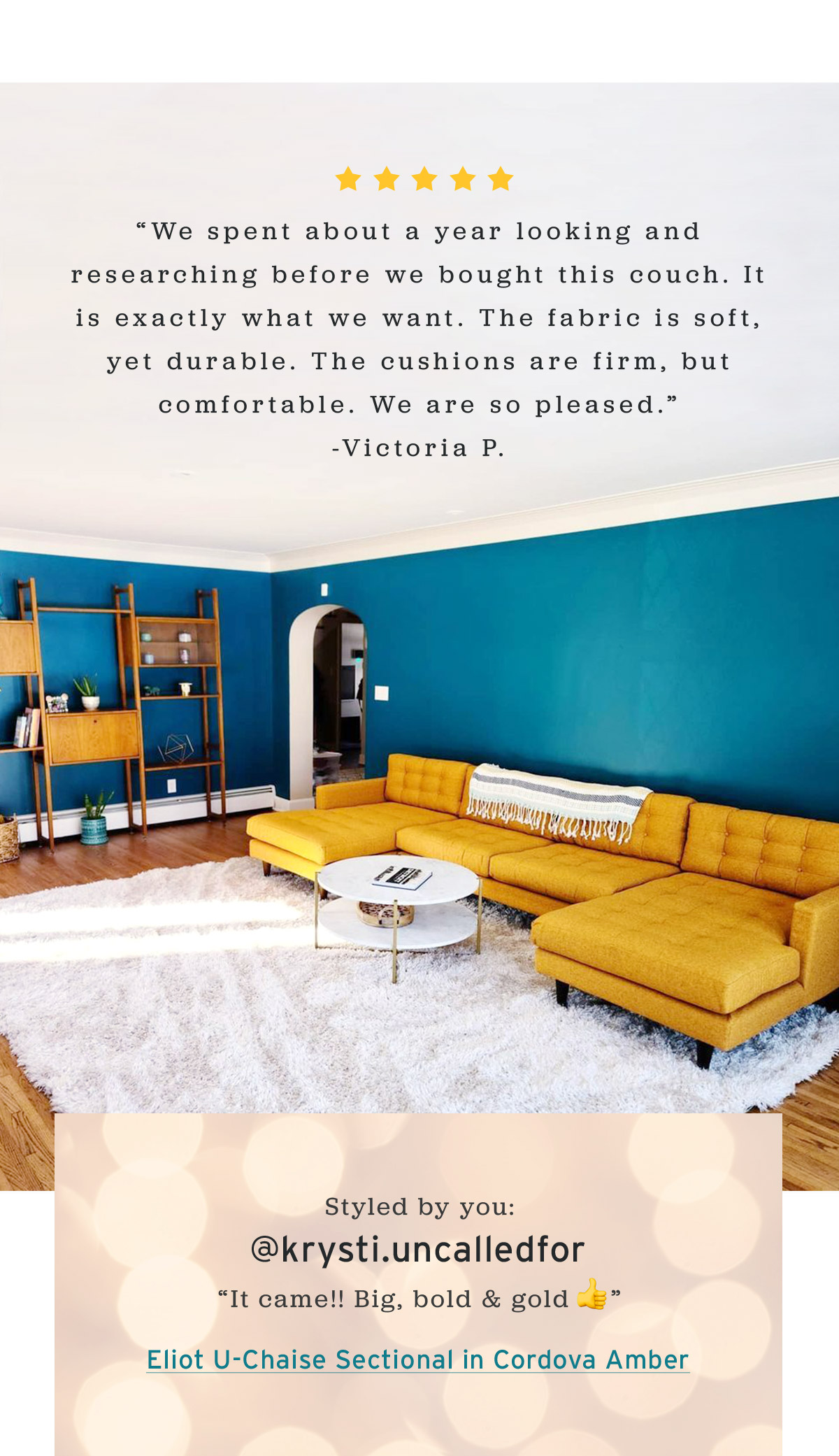 Styled by you: @krysti.uncalledfor // Eliot U-Chaise Sectional in Cordova Amber