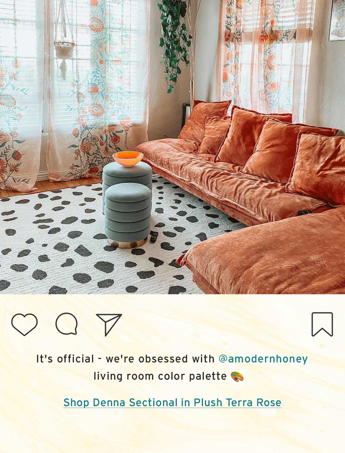 It's official - we're obsessed with @amodernhoney living room color palette | Shop Denna Sectional in Plush Terra Rose