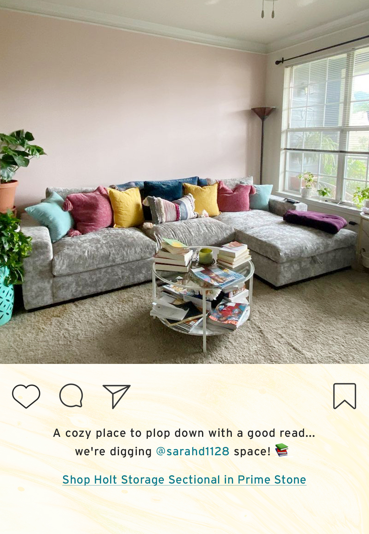 A cozy place to plop down with a good read... we're digging @sarahd1128 space!  | Shop Holt Storage Sectional in Prime Stone
