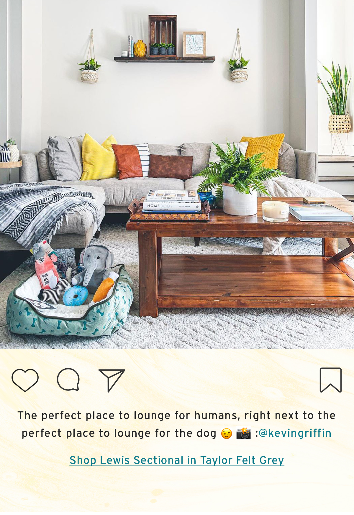 The perfect place to lounge for humans, right next to the perfect place to lounge for the dog  :@kevingriffin | Shop Lewis Sectional in Taylor Felt Grey