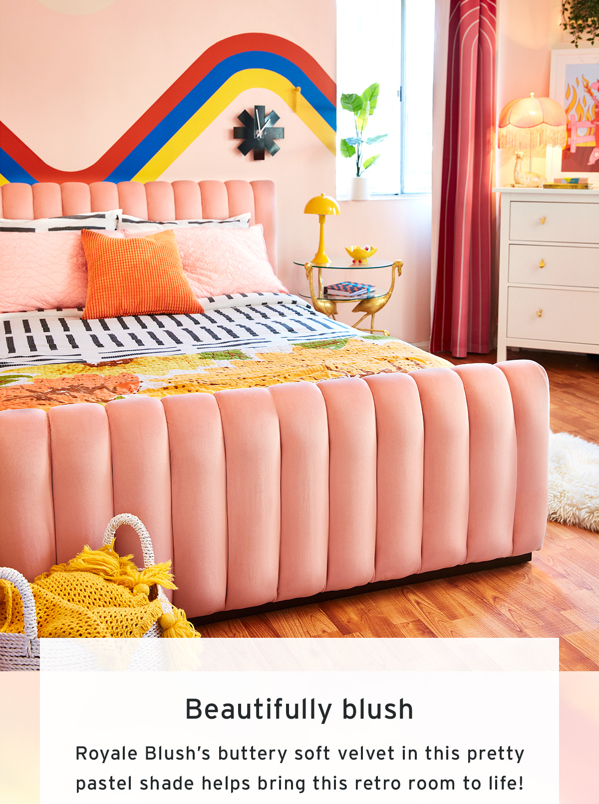 Beautifully blush | Royale Blush’s buttery soft velvet in this pretty pastel shade helps bring this retro room to life!